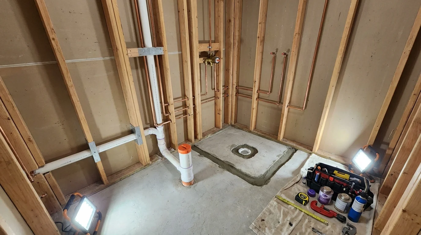 Bathroom rough-in plumbing during remodel by Johns Plumbing LLC in Pikeville