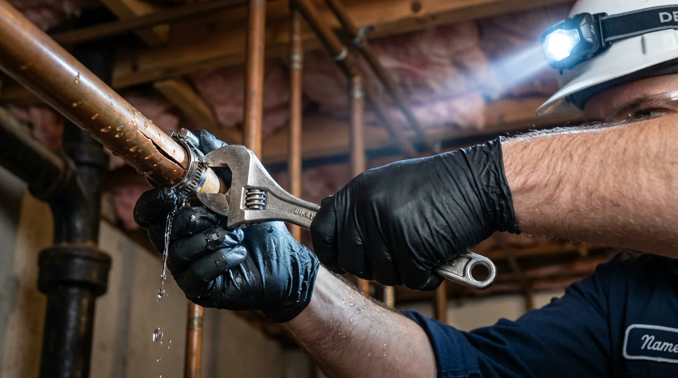 Emergency pipe clamp repair being performed by a Johns Plumbing LLC plumber in Pikeville