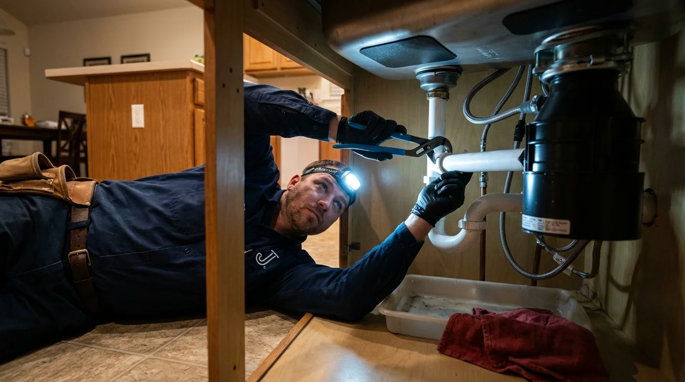 P-trap and supply line connections under a kitchen sink showing a common leak point in Pikeville, TN